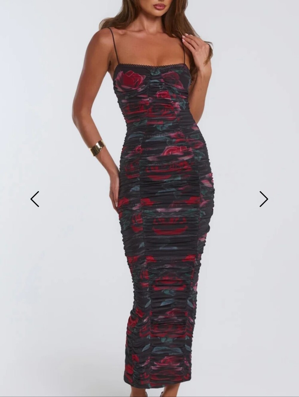 Hello Molly Red & Black Ruched Floral Slip Maxi Dress